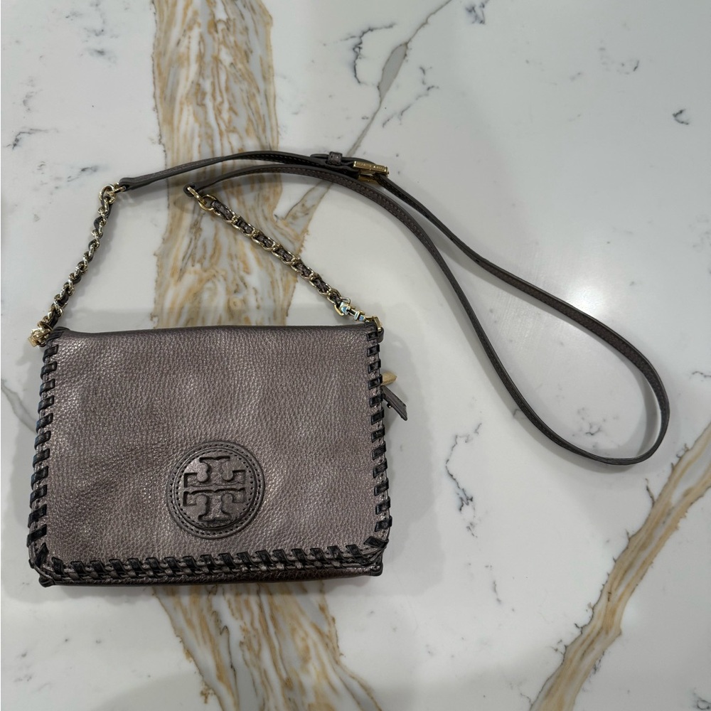 Tory Burch Gray Leather Crossbody Bag with Braided Design